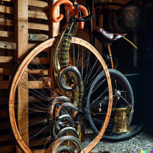 DALL·E 2022-08-31 10.06.22 - steampunk theme unicycle with snakes and skulls in a wooden garage