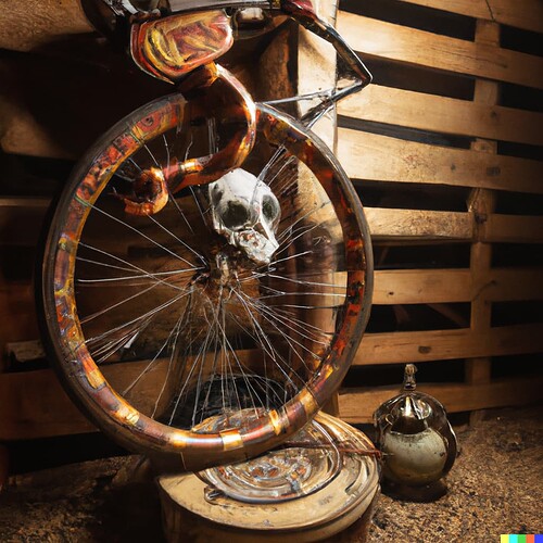 DALL·E 2022-08-31 10.07.28 - steampunk theme unicycle with snakes and skulls in a wooden garage