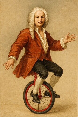 Antonio Vivaldi riding on a red unicycle