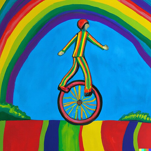 DALL·E 2022-08-29 07.14.50 - unicycle riding over a rainbow painted by hundertwasser