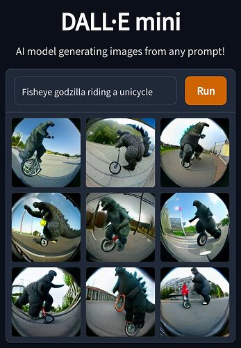 Fisheye godzilla riding a unicycle